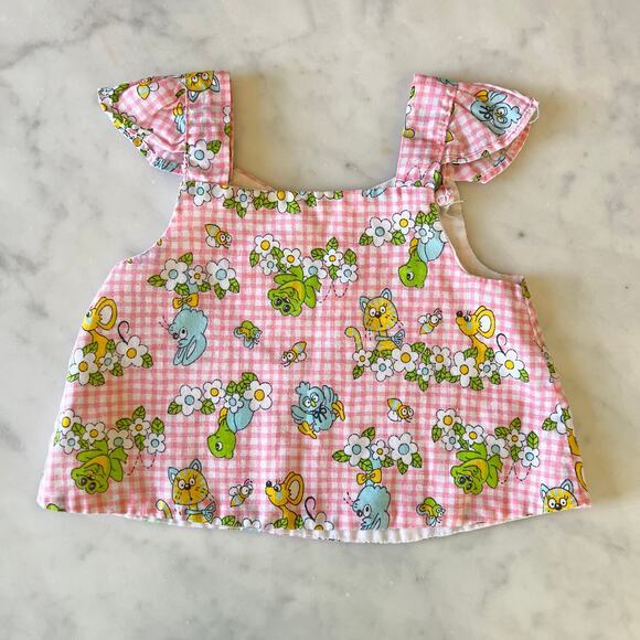 Vintage 70s Baby Girl Animal Gingham Floral Print Tank Top / 3 6 9 Months - Picture 7 of 8